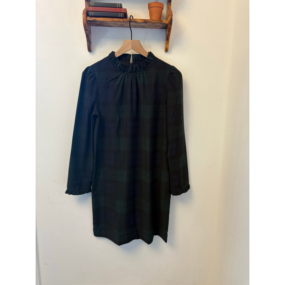 J.Crew Factory Ruffleneck Shift Dress Black Watch Tartan Plaid, Size 4